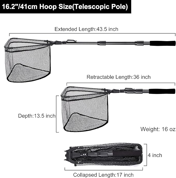PLUSINNO Fishing Net Fish Landing Net, Foldable Collapsible Telescopic Pole Handle, Durable Nylon Material Mesh, Safe Fish Catching or Releasing