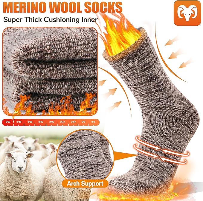 EBMORE Merino Wool Thermal Warm Socks Thick Winter Hiking Cozy Crew Comfy Cushioning Socks 4 Pairs for Women Men