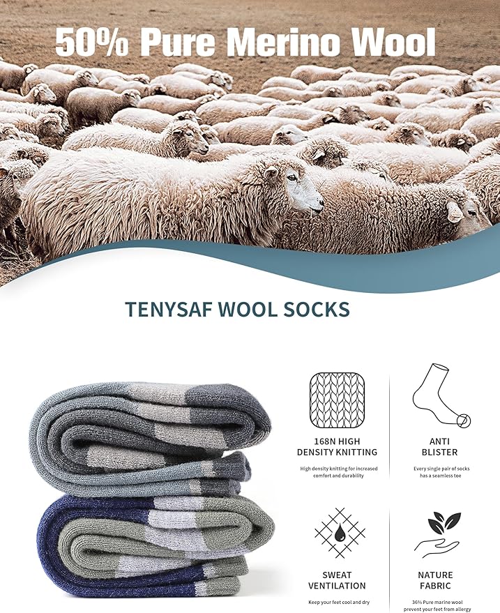 Wool Hiking Socks for Men - Women Lightweight Crew Merino Wool Socks with Cushion for Camping Hunting Work,4 pack