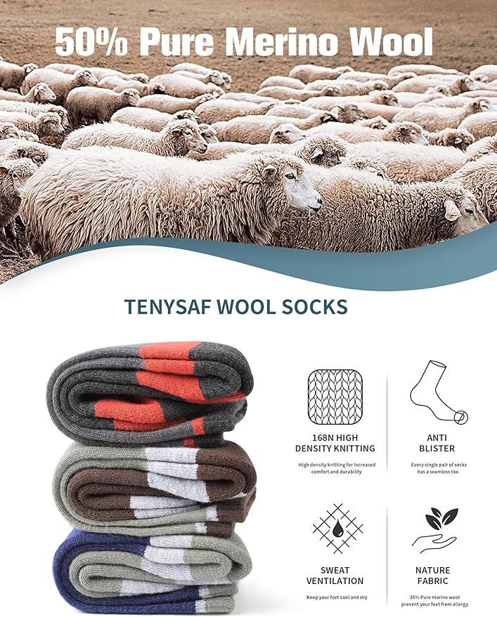 Wool Hiking Socks for Men - Women Lightweight Crew Merino Wool Socks with Cushion for Camping Hunting Work,4 pack