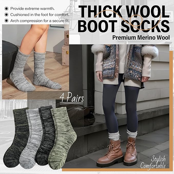 Anlisim Merino Wool Warm Boot Hiking Socks Thermal Extra Thick Winter Cozy Crew Comfy Cushioning Work Women Men Socks 4 Pairs