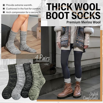 Anlisim Merino Wool Warm Boot Hiking Socks Thermal Extra Thick Winter Cozy Crew Comfy Cushioning Work Women Men Socks 4 Pairs