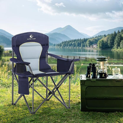 LET'S CAMP Oversized Folding Camping Chair Portable Outdoor Heavy Duty Padded Chairs Lawn Chair with Cup Holder, Storage Pocket and Cooler Bag, Supports 450LBS, for Camp, Travel, Picnic (Blue)