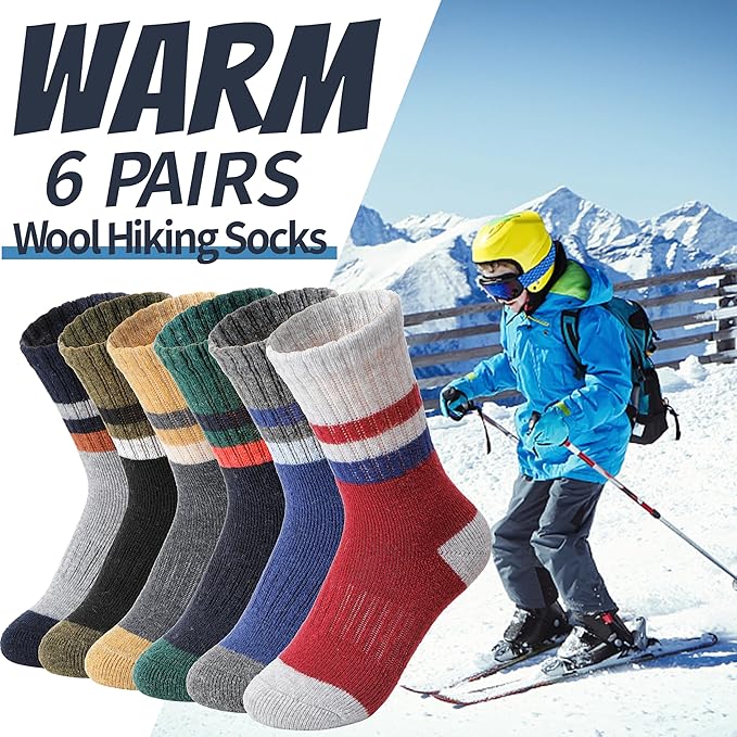EBMORE Kids Merino Wool Hiking Socks Thermal Winter Warm Thick Boys Toddlers Girls Cushion Crew Socks 6 Pairs