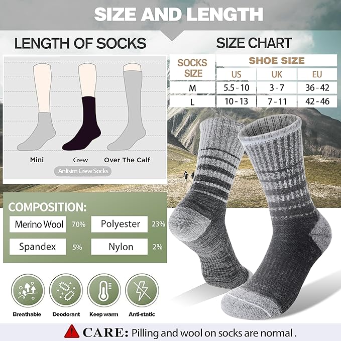 Anlisim Merino Wool Hiking Socks for Women Thermal Winter Warm Boot Work Cushion Socks 5 Pairs