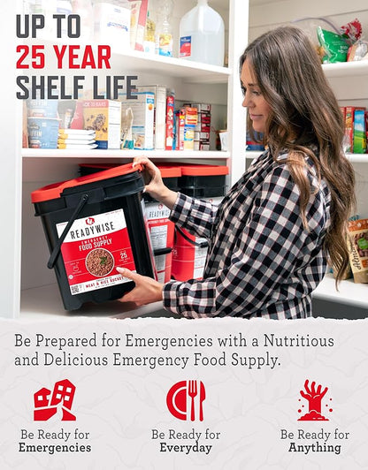 ReadyWise Emergency Food Supply - 88 Servings Meat & Rice Bucket, Freeze Dried Protein Meals, Camping Essentials, Bulk Rice & Survival Food, Disaster Prepping Supplies, up to 25 Year Shelf Life