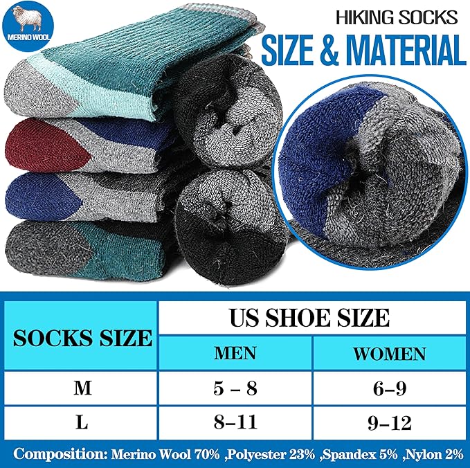 5 Pairs Merino Wool Hiking Socks Warm Thermal Winter Cozy Cushioned Moisture Wicking Socks for Women & Men