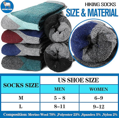 5 Pairs Merino Wool Hiking Socks Warm Thermal Winter Cozy Cushioned Moisture Wicking Socks for Women & Men