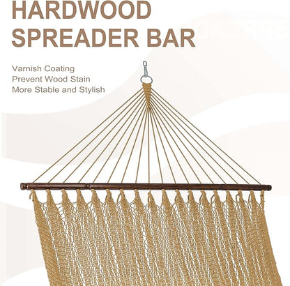 Lazy Daze Hammocks 10.5 FT Double 2 Person Caribbean Rope Hammock, Hand Woven Polyester Hammock with Spreader Bars, for Outside Outdoor Backyard Patio Poolside,450 LBS Capacity, Tan