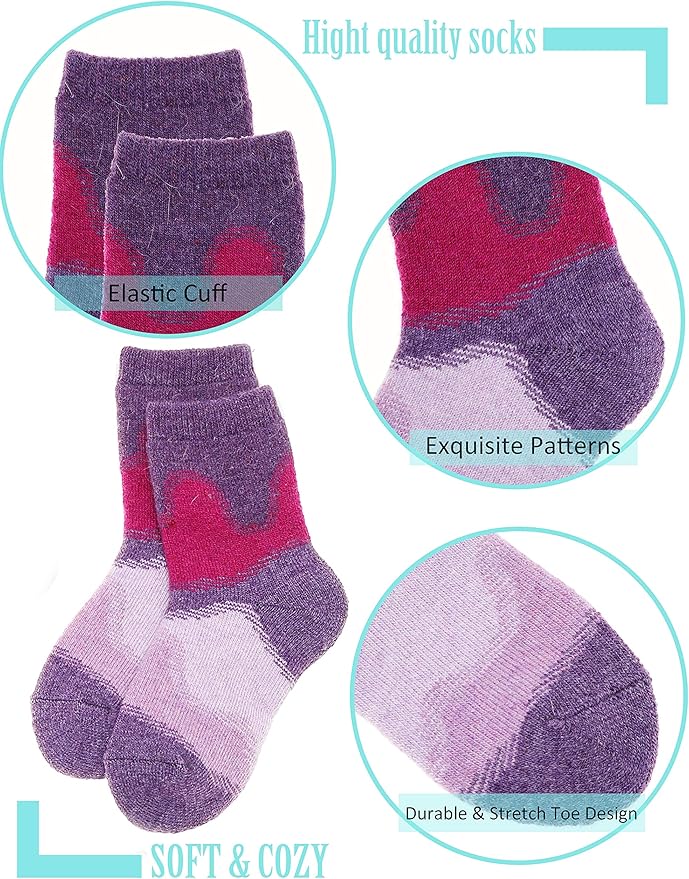 EBMORE Kids Merino Wool Hiking Socks Thermal Winter Warm Thick Boys Toddlers Girls Cushion Crew Socks 6 Pairs