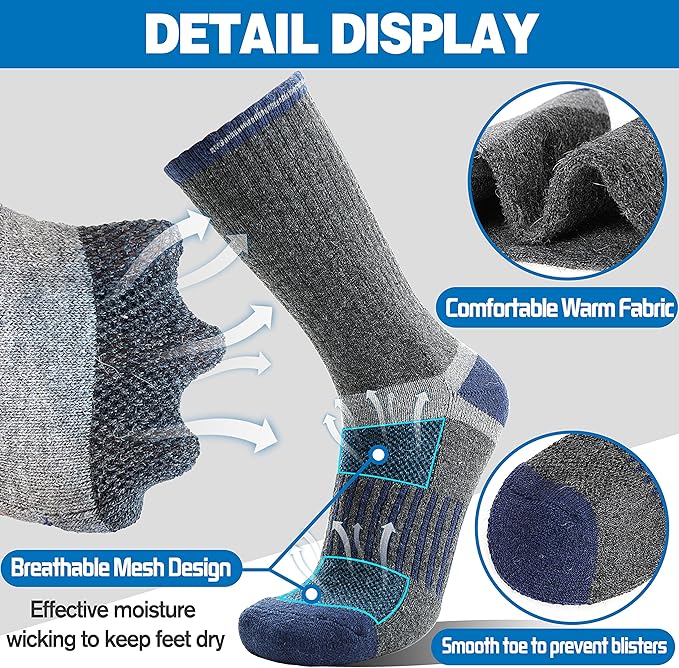 5 Pairs Merino Wool Hiking Socks Warm Thermal Winter Cozy Cushioned Moisture Wicking Socks for Women & Men