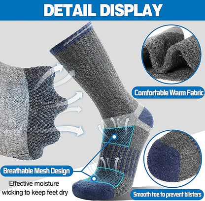 5 Pairs Merino Wool Hiking Socks Warm Thermal Winter Cozy Cushioned Moisture Wicking Socks for Women & Men