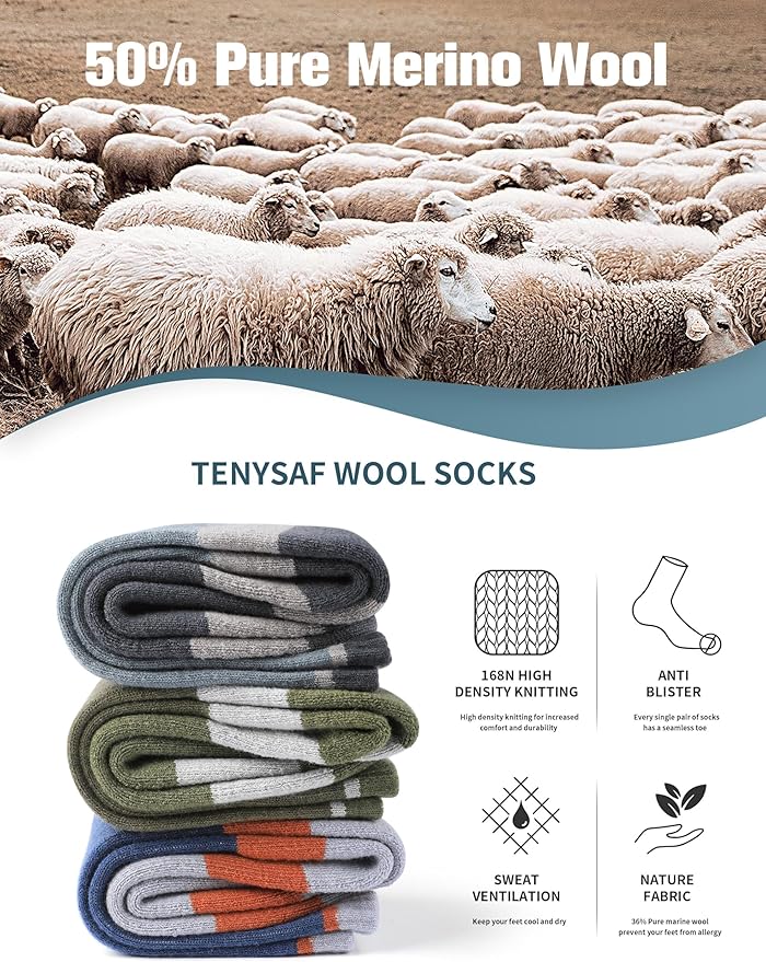 Wool Hiking Socks for Men - Women Lightweight Crew Merino Wool Socks with Cushion for Camping Hunting Work,4 pack