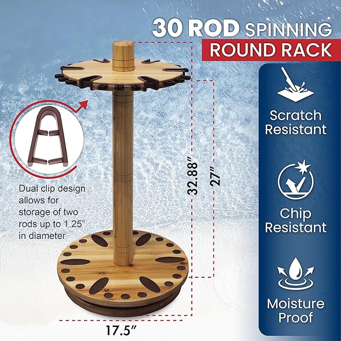 Rush Creek Creations Fishing Rod Holder - 360 Spinning Rack for Garage Organization and Storage, Pole Holder for Reels, Gear, Accessories, Tackle Box