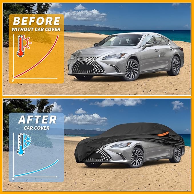 Waterproof All-Weather Universal Car Cover with Right Side Zipper, 210T-PU Black Fits for Sedan 165" to 177" Length