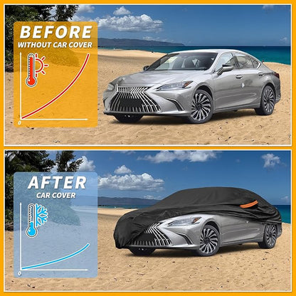 Waterproof All-Weather Universal Car Cover with Right Side Zipper, 210T-PU Black Fits for Sedan 165" to 177" Length