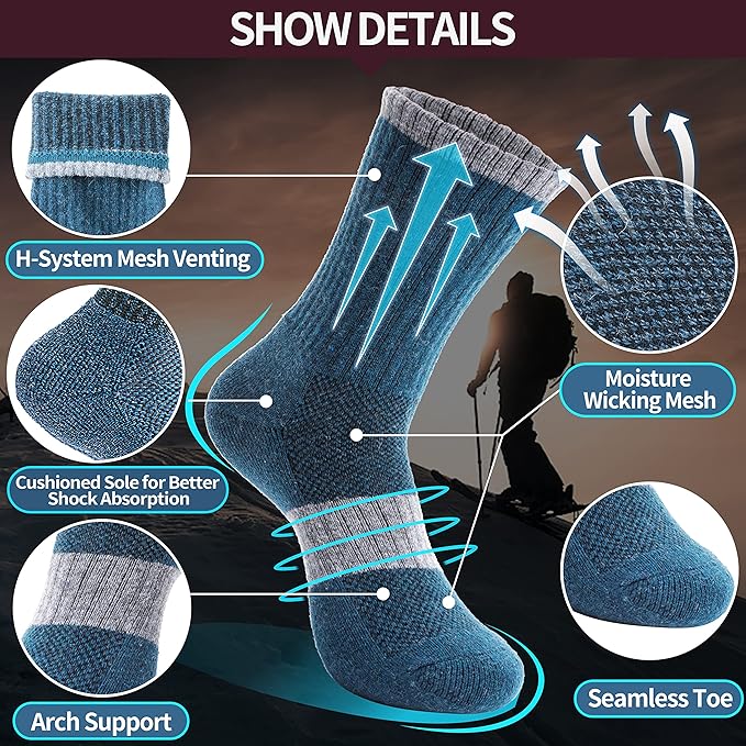 Anlisim Merino Wool Hiking Socks for Women Thermal Winter Warm Boot Work Cushion Socks 5 Pairs