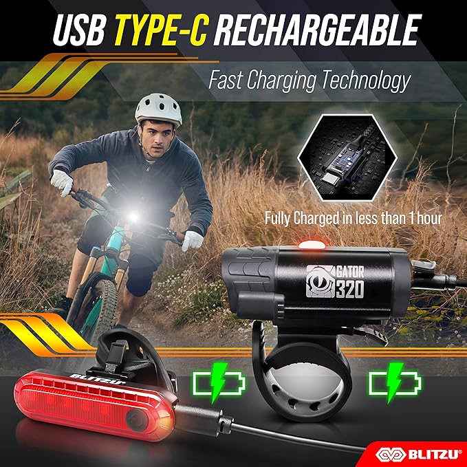 BLITZU Bike Lights, Super Bright Bicycle USB-C Rechargeable Headlight, Taillight & Bell Set, Waterproof Safety Front & Rear Back light for Night Riding, Easy to Install for Men Women Kids Road Cycling