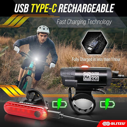 BLITZU Bike Lights, Super Bright Bicycle USB-C Rechargeable Headlight, Taillight & Bell Set, Waterproof Safety Front & Rear Back light for Night Riding, Easy to Install for Men Women Kids Road Cycling