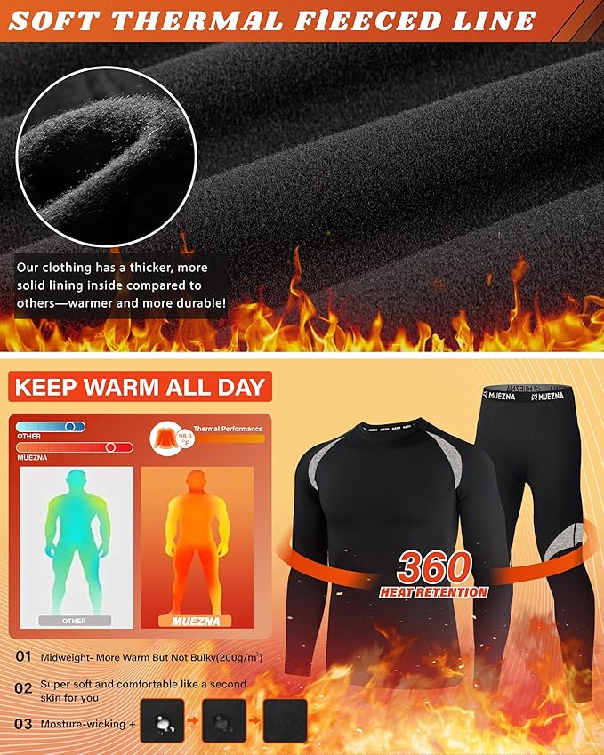 Muezna Men's Thermal Top and Bottom Set Underwear Long Johns Base Layer with Soft Fleece Lined