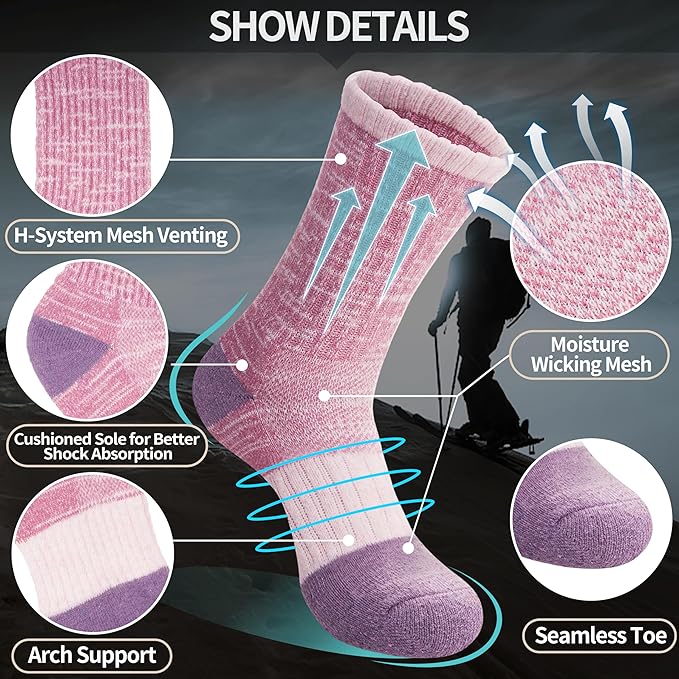 Anlisim Merino Wool Hiking Socks for Women Thermal Winter Warm Boot Work Cushion Socks 5 Pairs