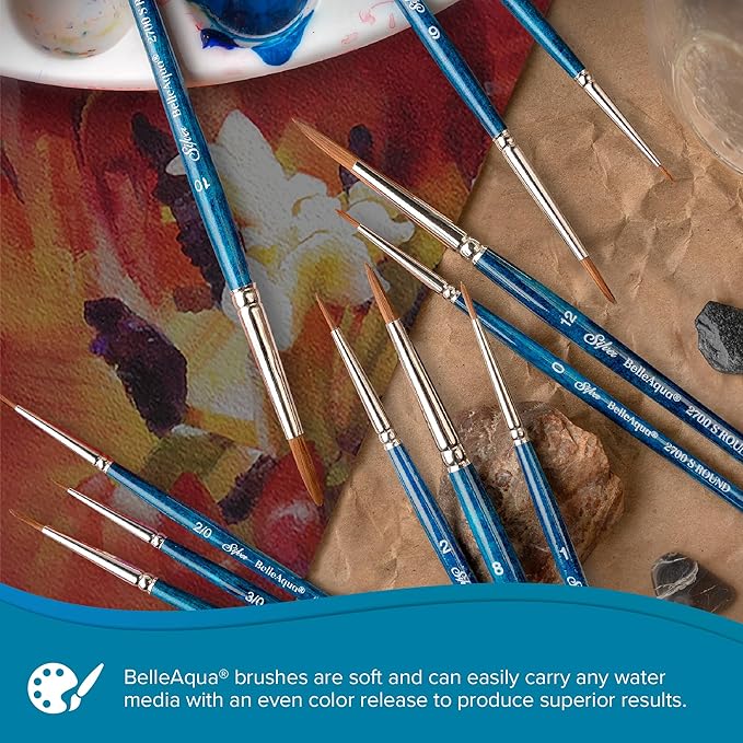 Silver Brush Limited BA-2701S BelleAqua Perfect Detail Watercolor Brush Set, 4pc Professional Premium Soft Synthetic Red Sable Round Paint Brush Set, Size 5/0, 3/0, 2/0, and 0 Round Artist Brushes