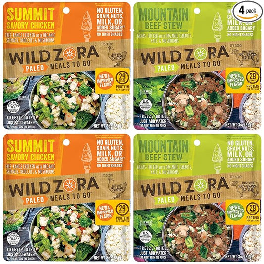 Wild Zora Paleo Freeze Dried Meals for Backpacking & Camping - Healthy Gluten Free & Grain Free Camping Meals/Backpacking Food + No Added Sugar - Great for Travel (AIP 4-pack)