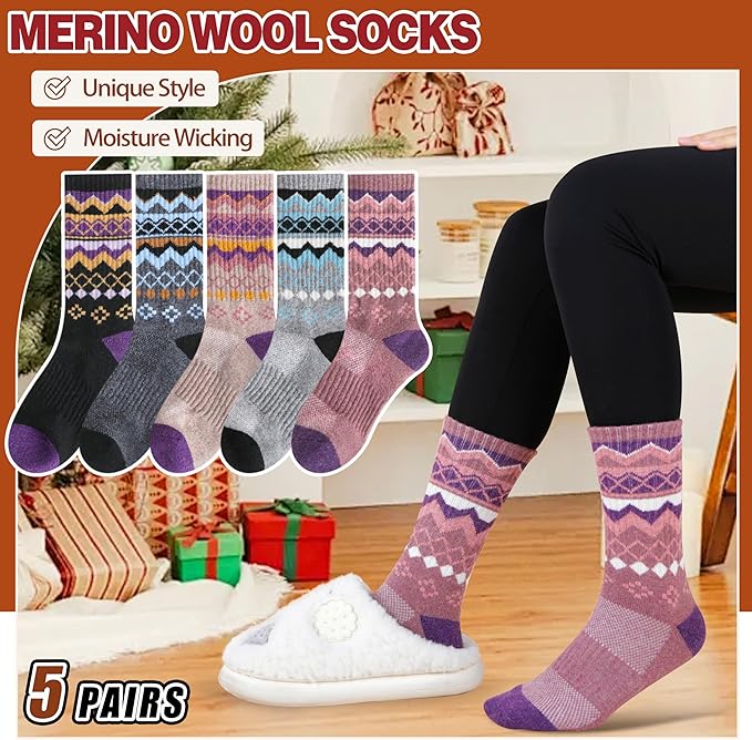 EBMORE Womens Merino Wool Hiking Socks Thermal Warm Winter Crew Cushion Work Boot Outdoor Socks 5 Pairs