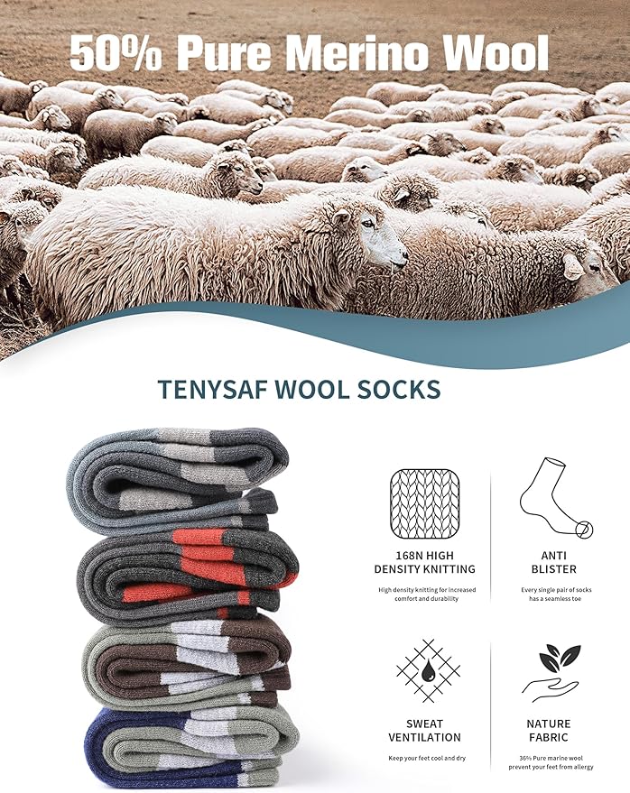 Wool Hiking Socks for Men - Women Lightweight Crew Merino Wool Socks with Cushion for Camping Hunting Work,4 pack
