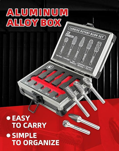 EZARC Tungsten Carbide Burr Set 1/4" Shank, 5PC Double Cut Rotary Tool Bits Cutting Burrs, Die Grinder Bits for Metal Working Grinding, Deburring, Carving, Polishing in Aluminum Storage Box