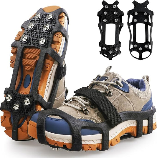 Crampons Ice Cleats for Shoes and Boots Snow Traction Cleats for Walking on Snow and Ice 9 Point Cleats Non-Slip Grippers Overshoe Silicone Stretch Footwear for Winter Hiking Climbing Ice Fishing