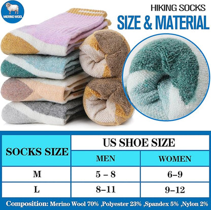 5 Pairs Merino Wool Hiking Socks Warm Thermal Winter Cozy Cushioned Moisture Wicking Socks for Women & Men
