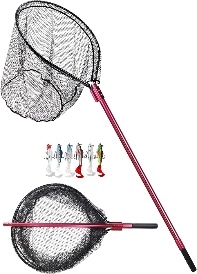 Heavy Duty Extra Large Aluminum Telescoping Landing Net - Saltwater Fishing Net with 6pcs Soft Jig Swimbait, Extends to 72-94in