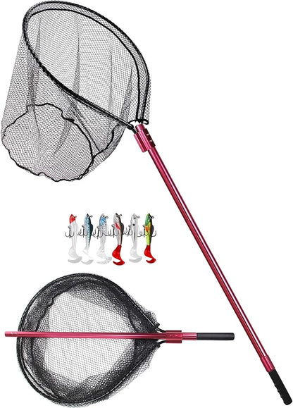 Heavy Duty Extra Large Aluminum Telescoping Landing Net - Saltwater Fishing Net with 6pcs Soft Jig Swimbait, Extends to 72-94in