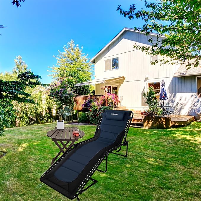 Outdoor Folding Lounge Chair Padded for Adults 264Ibs Patio Chaise Lounge Chair for Outside Adjustable 5-Position Reclining Beach Chair with Pillow Pocket