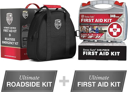 Swiss Safe 2-in-1 Car Emergency Kit | 12-FT Heavy-Duty Jumper Cables & 378-Piece Comprehensive Car First Aid Kit | Compact Roadside Auto Essentials for Vehicle Safety