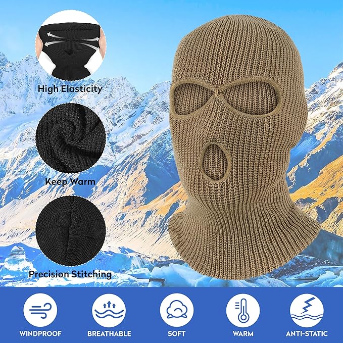Pukavt 2 Pack 3 Hole Winter Knitted Mask, Full Face Cover Ski Mask Warm Balaclava for Skiing, Motorcycle, Snowboard