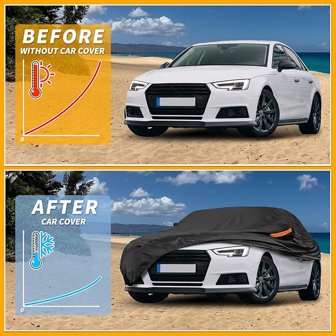 Universal Car Cover Waterproof All Weather 190T-PU, UV Sun Rain Protection, Fits for Sedan Length 187"-198", with Left Side Zipper, Black