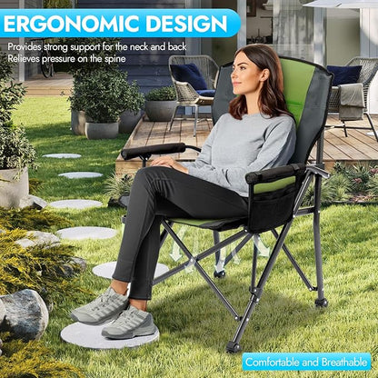Oversized Folding Camping Chair for Adults, Supports 450 LBS Camping Chairs, Heavy Duty Camping Chair with Side Pockets, Foldable Outdoor Chair for Camping, Beach, Fishing, Hiking, Green-Black