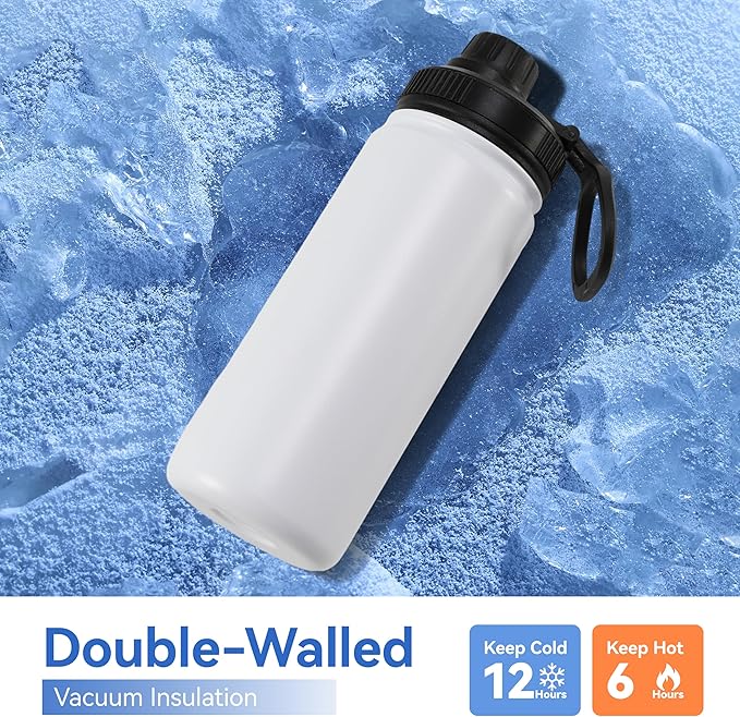 DOMICARE 16 oz Kids Water Bottle for School Stainless Steel Double Wall Vacuum Insulated Water Bottle with Straw lids & Spout Lid, Leakproof BPA Free (White,1)