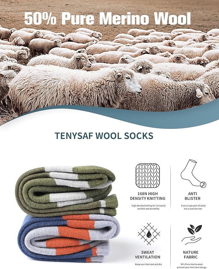 Wool Hiking Socks for Men - Women Lightweight Crew Merino Wool Socks with Cushion for Camping Hunting Work,4 pack