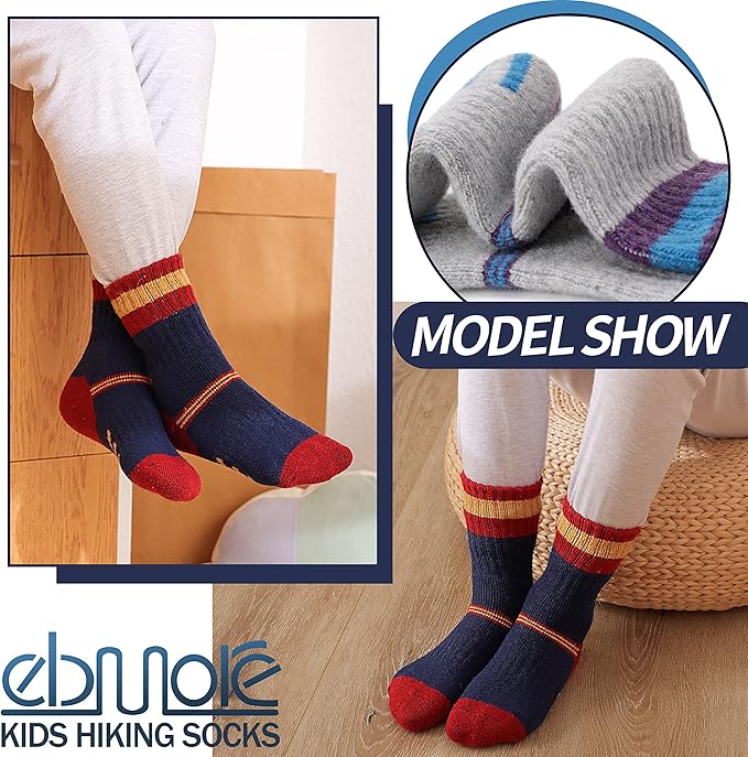 EBMORE Kids Merino Wool Hiking Socks Thermal Winter Warm Thick Boys Toddlers Girls Cushion Crew Socks 6 Pairs