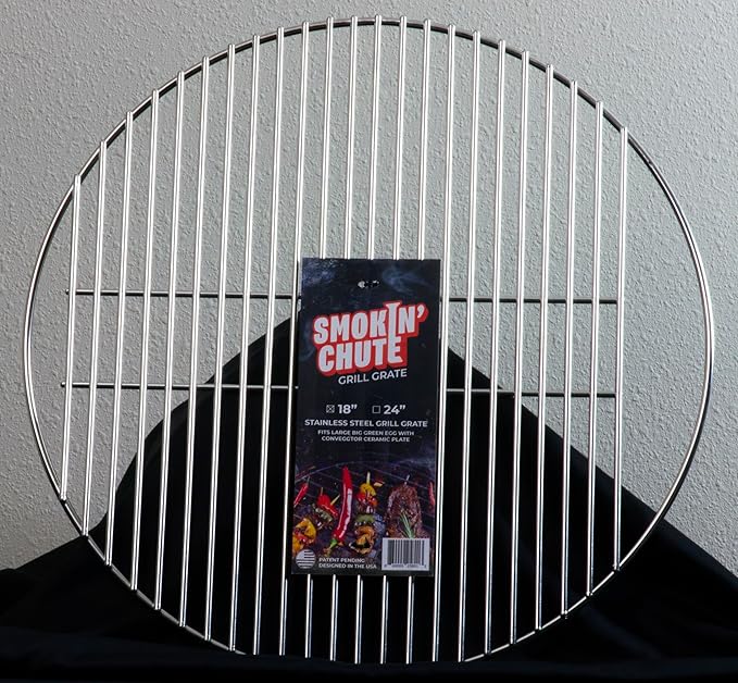 Stainless Steel Grate designed to work with the Smokin’ Chute System. Fits Large Big Green Egg and other 18” diameter grill grates.