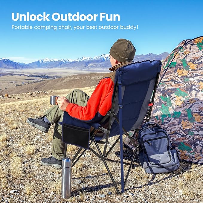 HIGH POINT SPORTS Oversized Camping Chairs for Adults, High Back Heavy Duty Lawn Folding Chair Support 500LBS, Padded Portable Outdoor Chair with Cup Holder, Blue