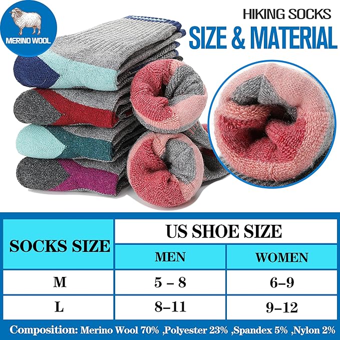 5 Pairs Merino Wool Hiking Socks Warm Thermal Winter Cozy Cushioned Moisture Wicking Socks for Women & Men