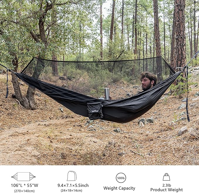 Sunyear Hammock Camping with Rain Fly Tarp and Net, Portable Camping Hammock Double Tree Hammock Outdoor Indoor Backpacking Travel & Survival, 2 Tree Straps,100% Waterproof