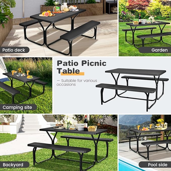 Tangkula Picnic Table Bench Set, Outdoor Picnic Table with 2 Benches, Metal Camping Table with Plastic Wood-Like Texture Tabletop & Steel Frame, Ideal for Picnic, Party, Garden, Lawn (Black)