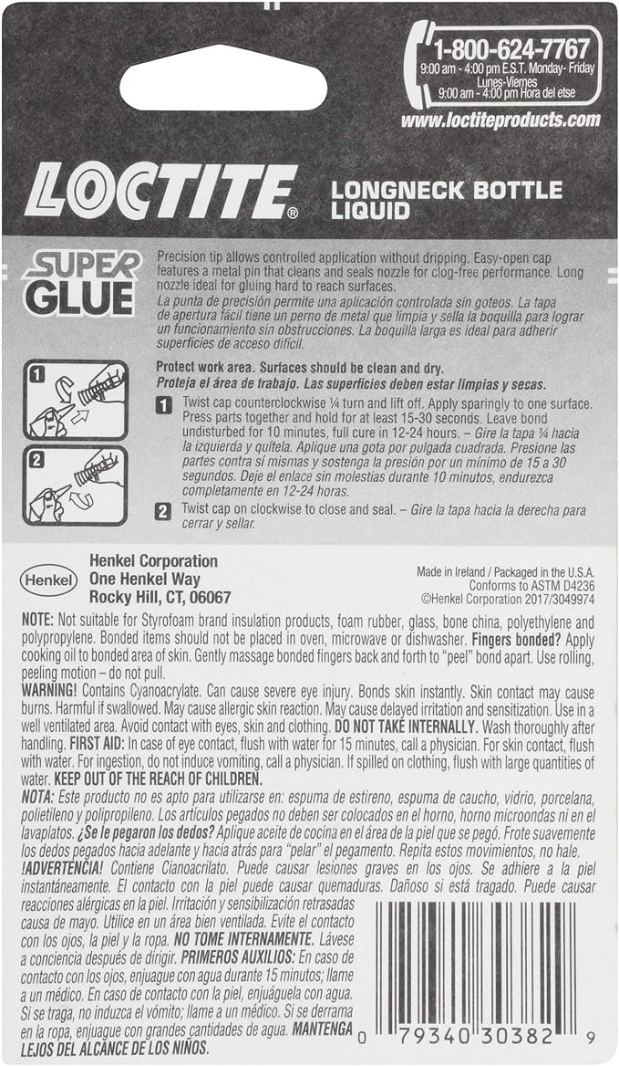 Loctite Super Glue Liquid Longneck Bottle, Clear, 0.35 fl oz Bottle, 2 Pack - Superglue for Plastic, Wood, Metal, Crafts & Repair, Cyanoacrylate Adhesive Instant Glue, Quick Dry