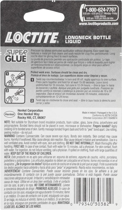 Loctite Super Glue Liquid Longneck Bottle, Clear, 0.35 fl oz Bottle, 2 Pack - Superglue for Plastic, Wood, Metal, Crafts & Repair, Cyanoacrylate Adhesive Instant Glue, Quick Dry