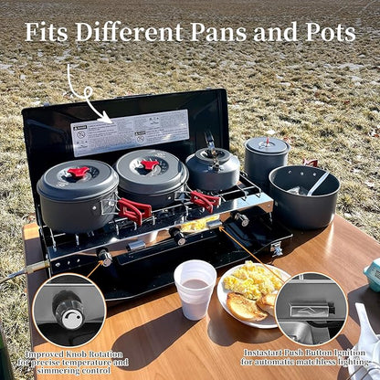 Camping Stove, 3 Burners Propane Portable Camp Stove with Regulator, Push-Button Instant Ignition, Adjustable Burners & Wind Guards for Car BBQ Picnics Outdoor Cooking (BLACK-20400 BTUs)
